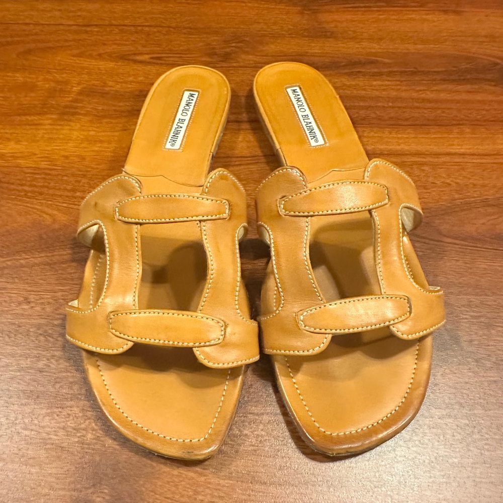 Manolo Blahnik Tan Sandals with H-Cutout Design